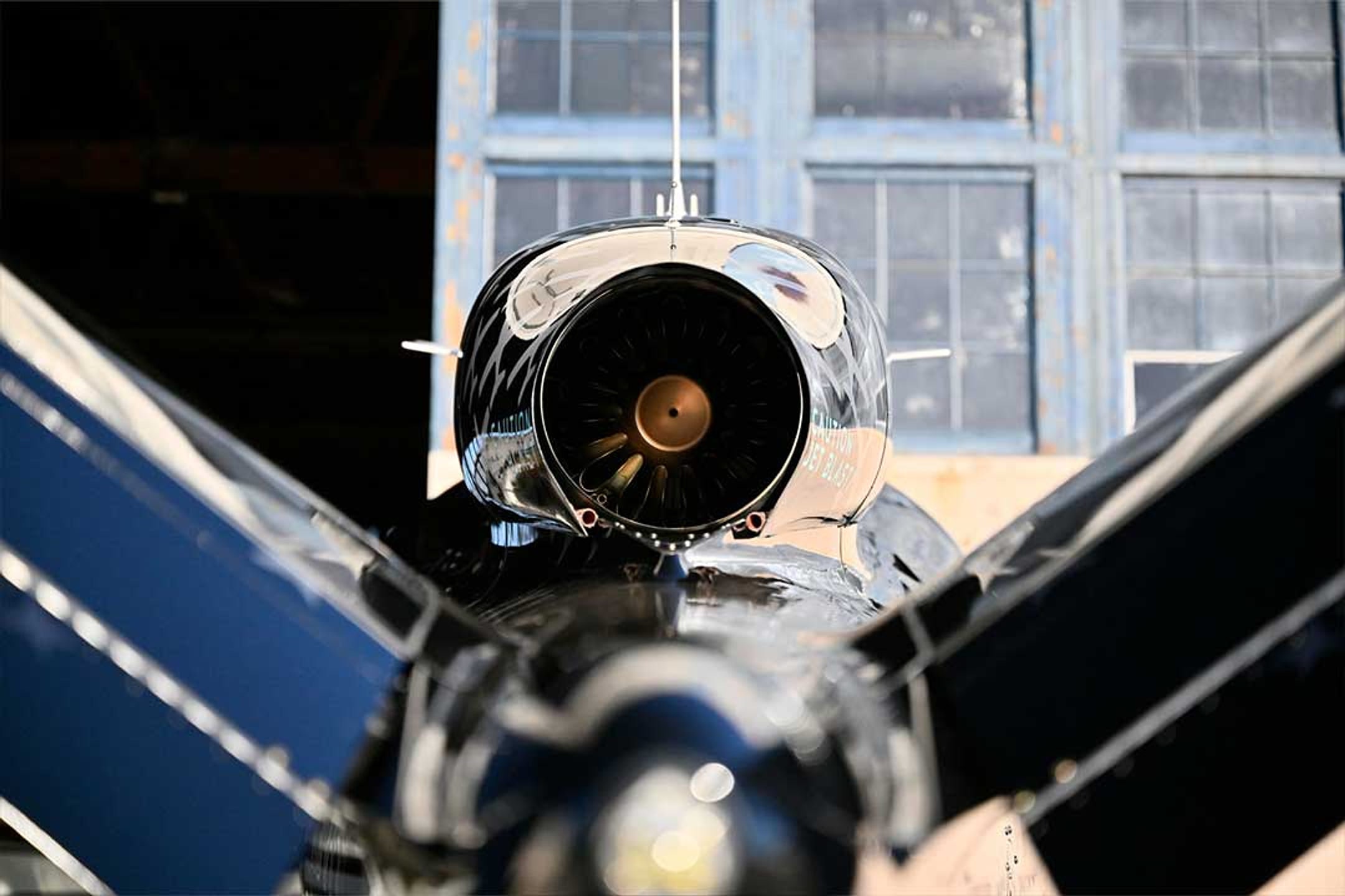 A turbine engine opened for inspection in the Clipper hangar