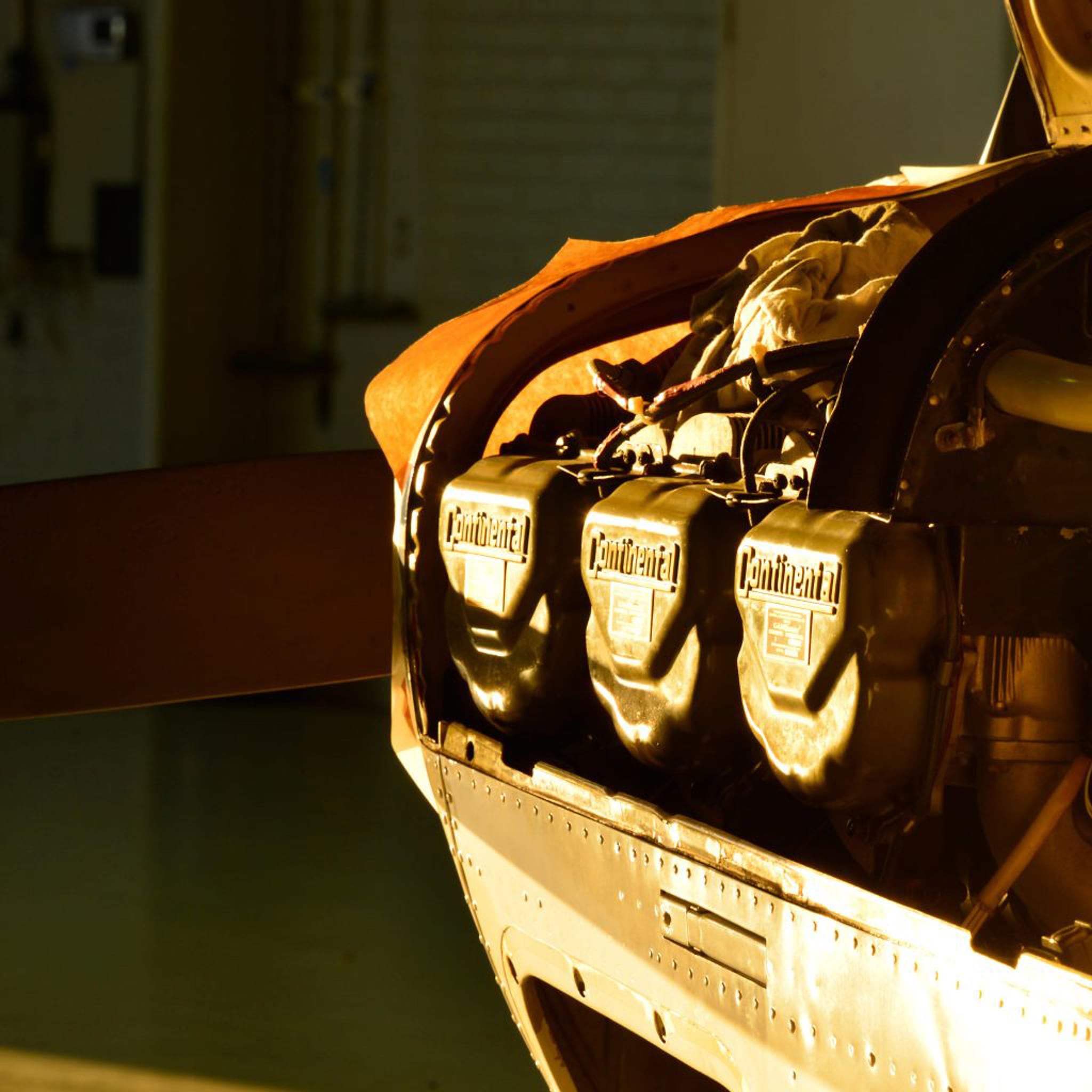 A technician carrying out a pre-purchase inspection in the Clipper Aviation hangar